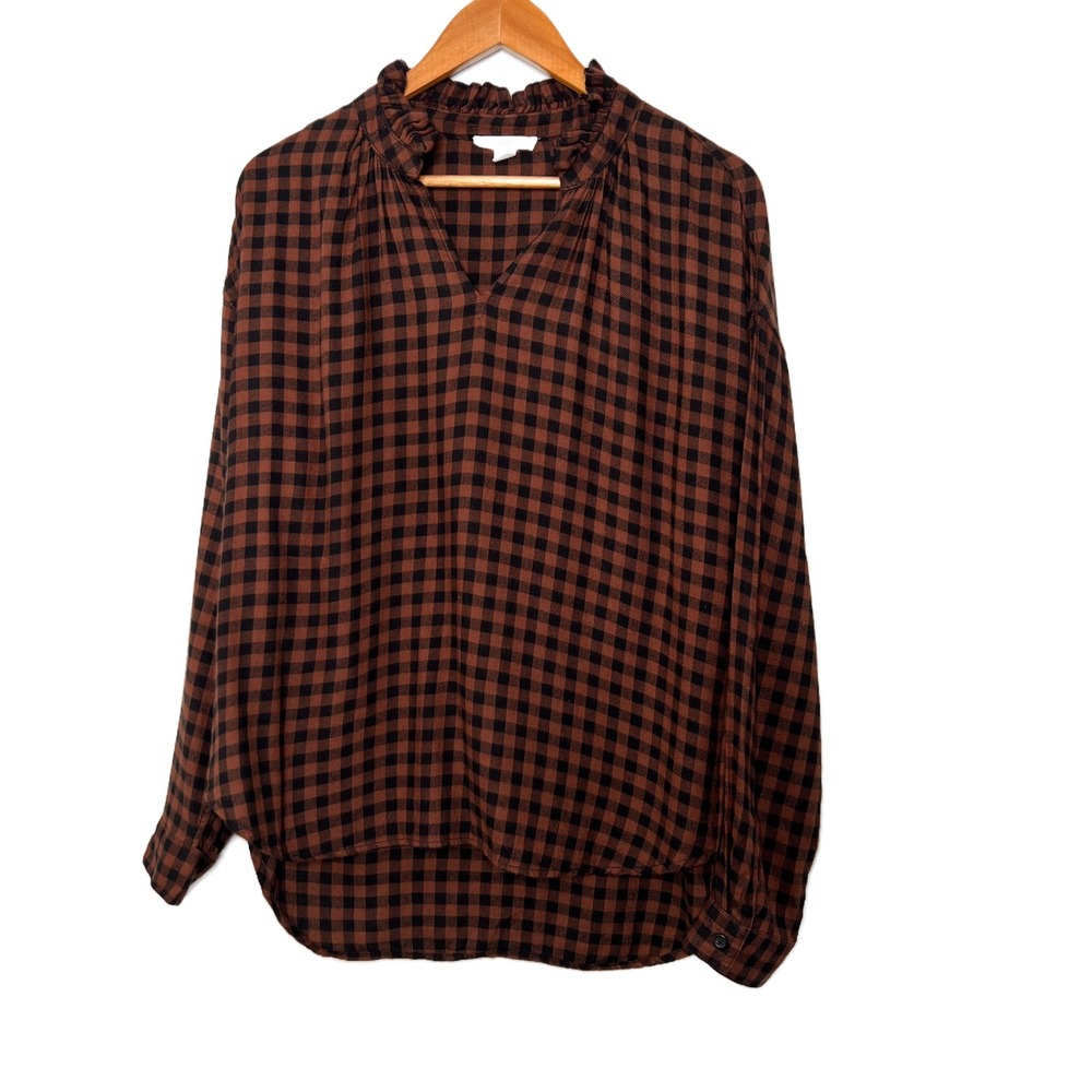 Beachlunchlounge Collection Womens Gingham Ruffled Neck Long Sleeve Blouse